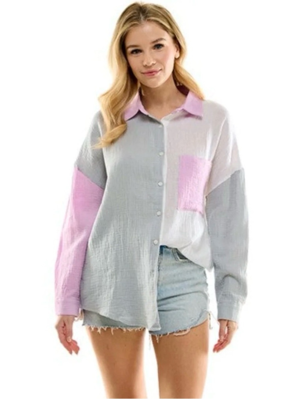 Colorblock Pink & Gray Button-Down Shirt - Women's Top